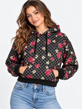 Vans Womens Cropped Hoodie Small Black Floral Checkerboard Roses Daisy Pullover